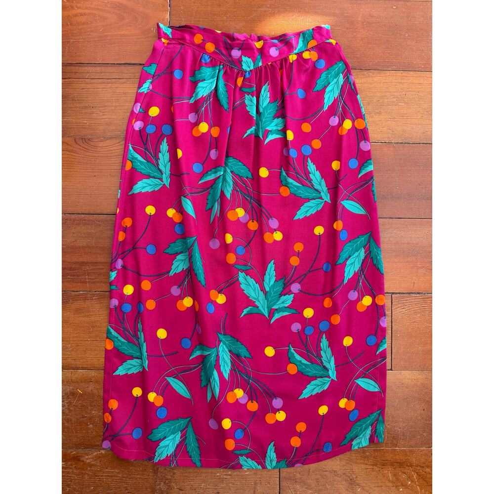 Vintage Main Source Cherry Print Midi Skirt – Bright Pink Rayon – Size 5